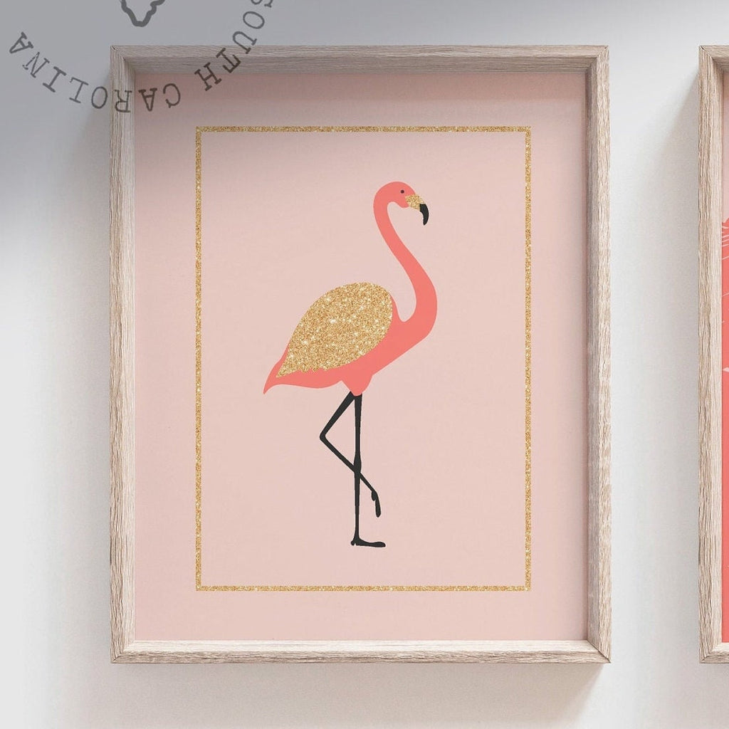 Coral palm tropical nursery decor, girls name coral pink flamingo prints for child's room, coral pink and gold, wall art for girl's bedroom