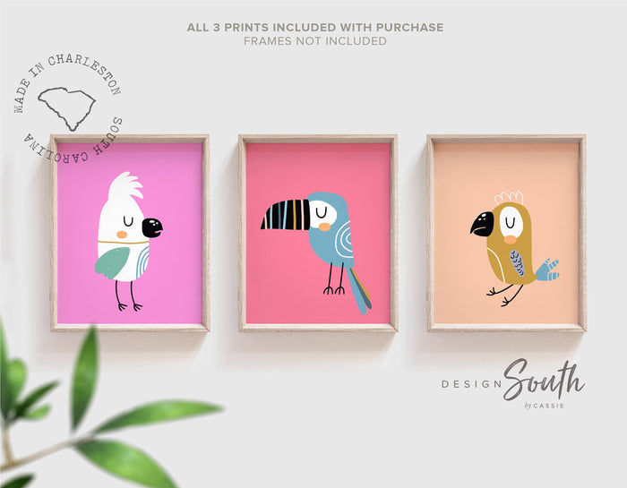 Exotic tropical birds print, tropical birds wall art, tropical animals print set, cute tropical birds print set, modern girl's tropical art