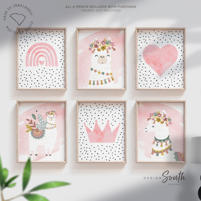 Blush pink llama room, wall art for girls sweet llama, art print set rainbow heart llamas flowers, baby girl nursery wall art, playroom girl
