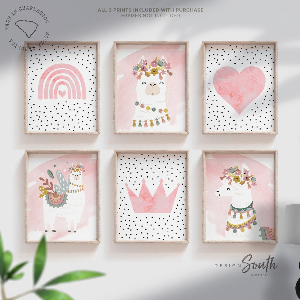 Blush pink llama room, wall art for girls sweet llama, art print set rainbow heart llamas flowers, baby girl nursery wall art, playroom girl