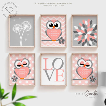 Owl nursery decor, baby girls owl nursery wall art, girls room decor, coral and gray decor for nursery, love decor, dandelion decor, flower