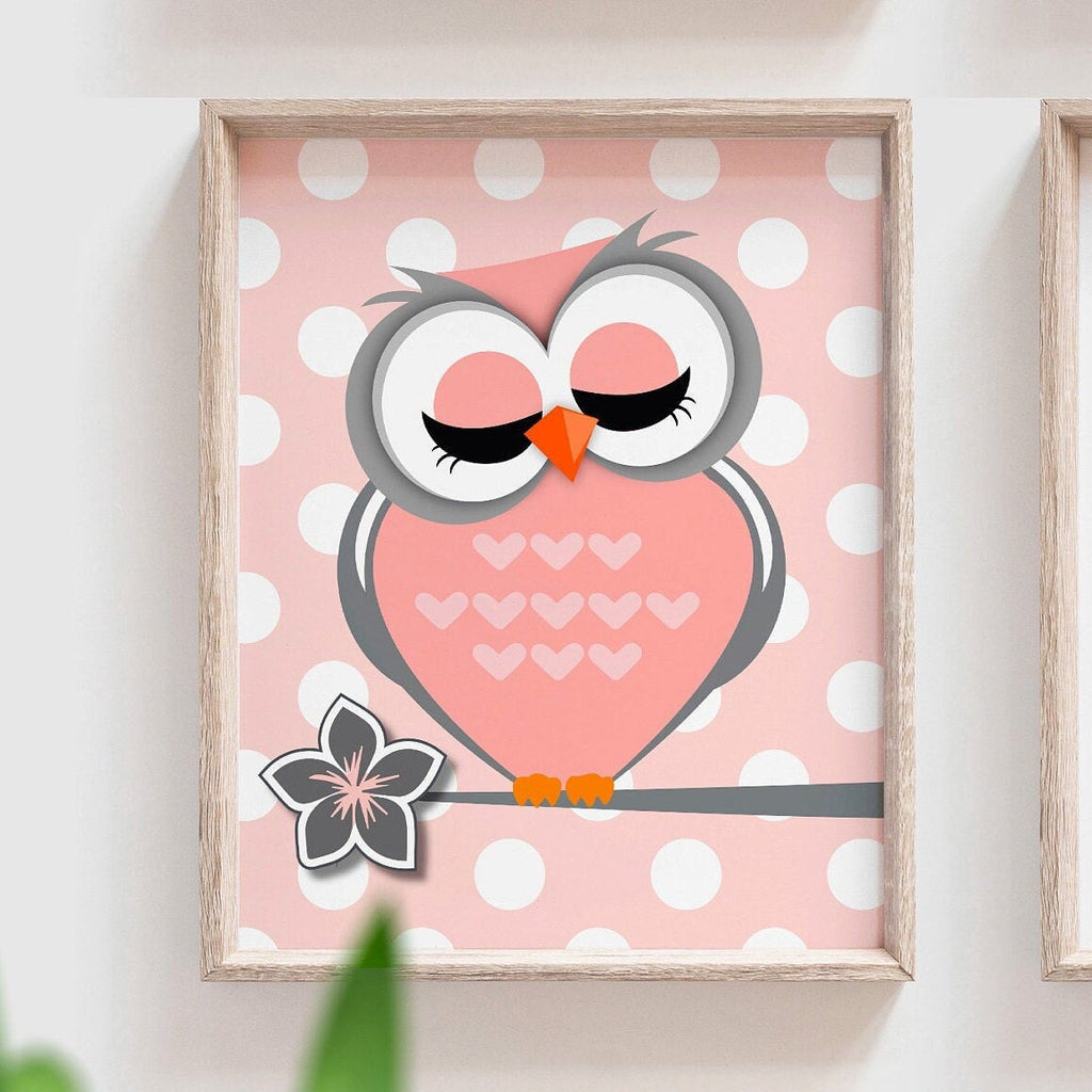 Owl nursery decor, baby girls owl nursery wall art, girls room decor, coral and gray decor for nursery, love decor, dandelion decor, flower