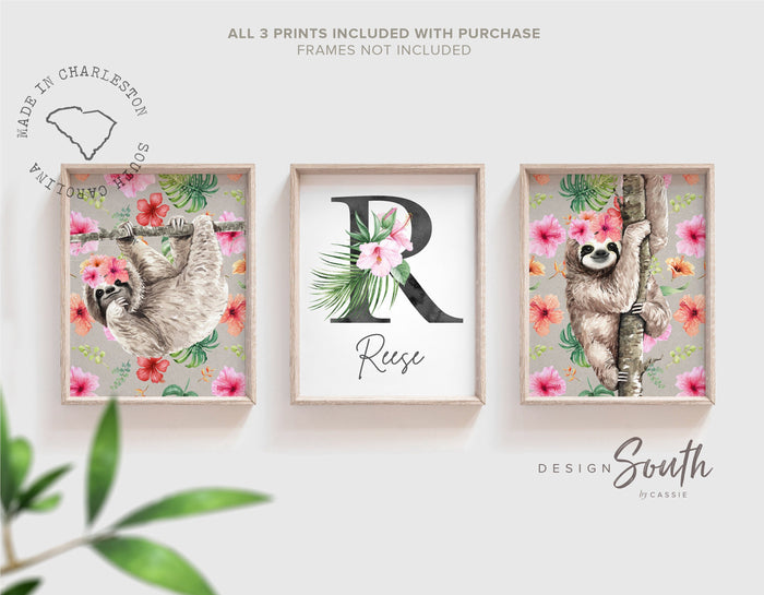 Sloth decor for nursery or bedroom, sloth themed baby shower gift girl, little girl bedroom wall ideas, sloth wall art print set, sloth pink