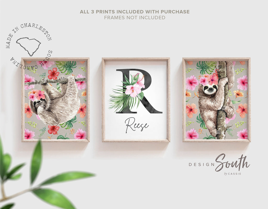 Sloth decor for nursery or bedroom, sloth themed baby shower gift girl, little girl bedroom wall ideas, sloth wall art print set, sloth pink