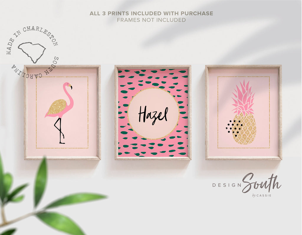 Nursery prints flamingo decor, pink and gold girls wall decor, flamingo tropical art set, pink gold pineapple nursery, personalized nursery