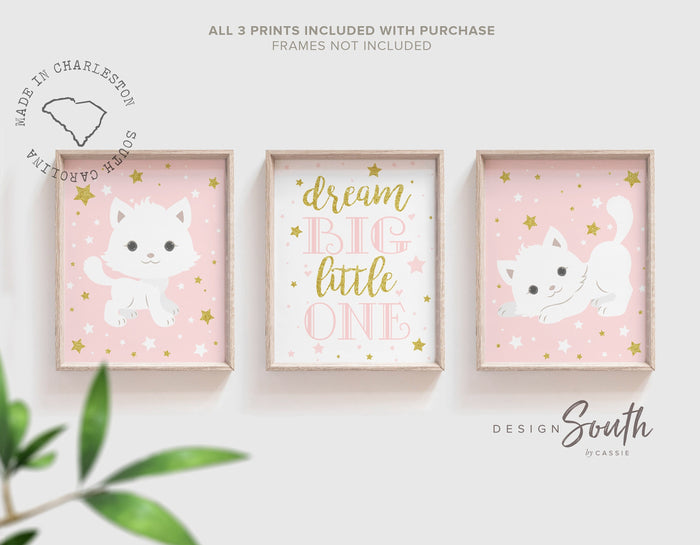 Pink kitty cat, pink nursery decor kitty cat theme, baby girl pink kitten art, dream big little one cat lovers meow kitty, kitten wall decor