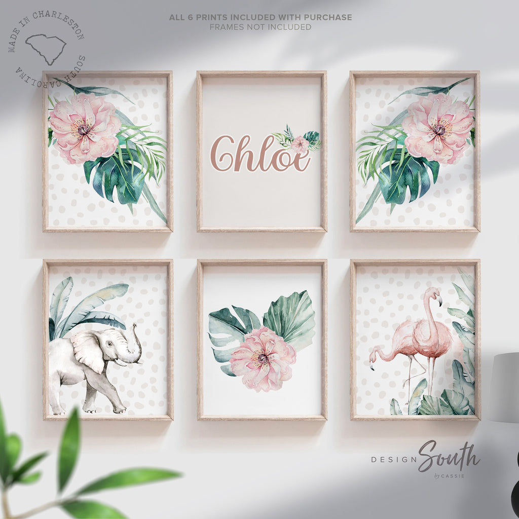 Safari girl room, jungle animals with pink flowers toddler girl art, palm nursery art, personalized name with animals prints, pink green art