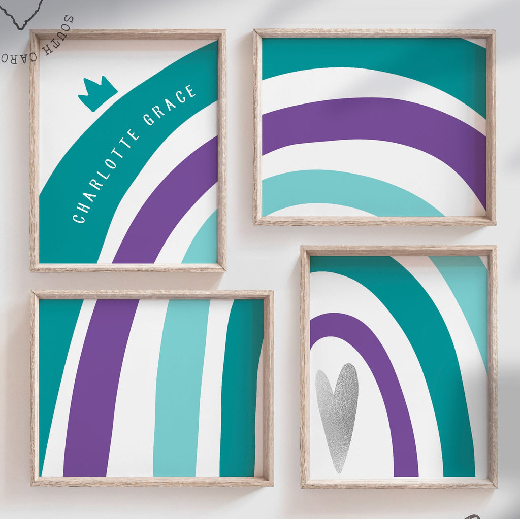 Purple teal blue nursery, baby girl name nursery decor teal, baby girl wall art theme teal rainbow, personalized room girl rainbow name gift