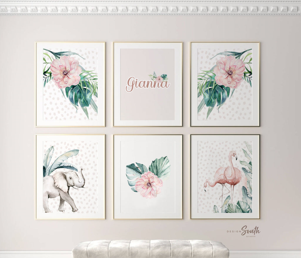 Safari girl room, jungle animals with pink flowers toddler girl art, palm nursery art, personalized name with animals prints, pink green art