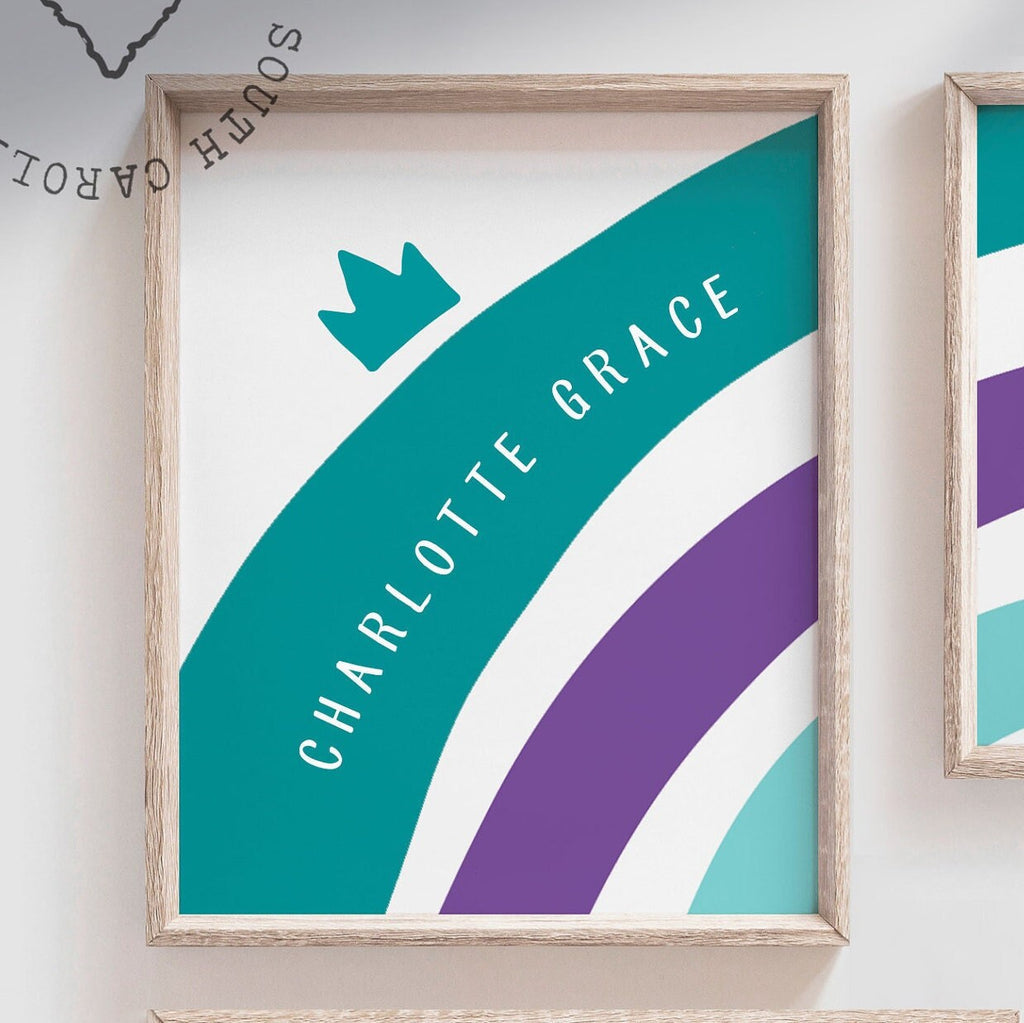 Purple teal blue nursery, baby girl name nursery decor teal, baby girl wall art theme teal rainbow, personalized room girl rainbow name gift