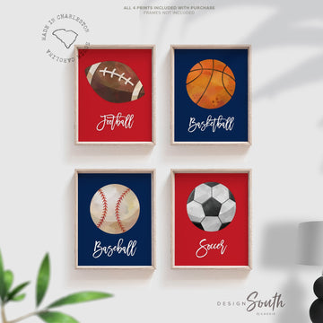 Red and navy blue boy sports decor, baby shower sports theme gift, basketball baseball soccer football wall art prints, boy bedroom red blue