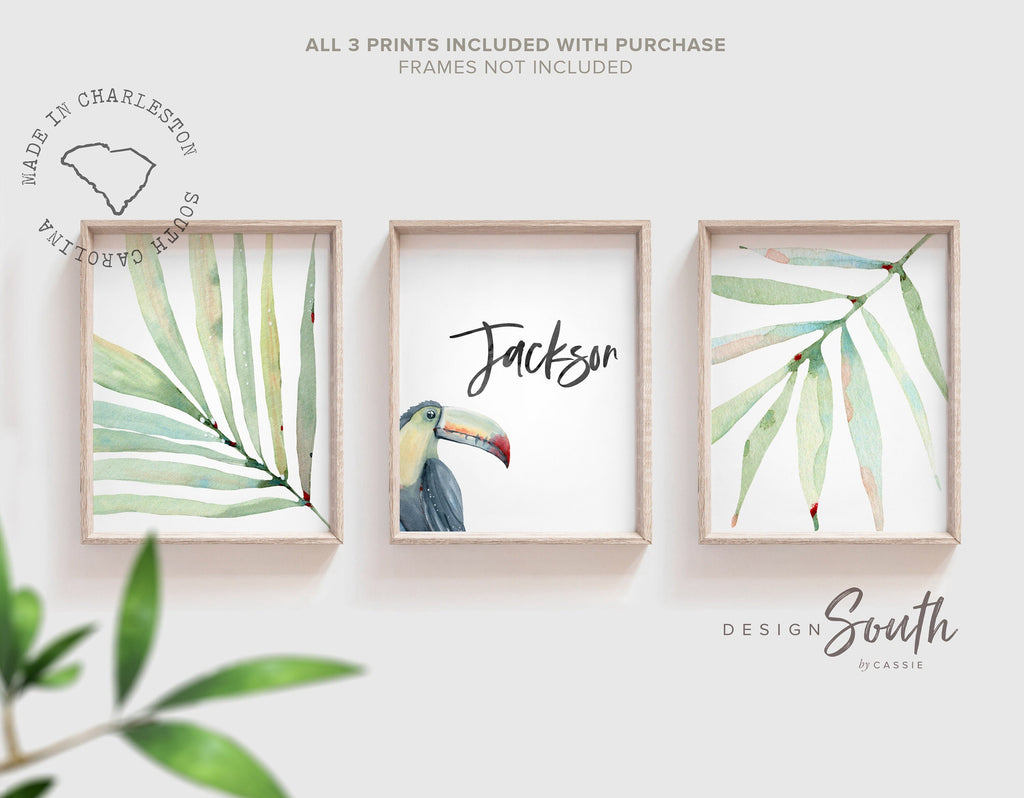 Boy&#39;s name sign tropical toucan, boy tropical print set nursery, tropical baby boy shower gift, newborn above crib art idea palm custom name