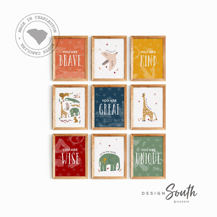 Modern boho kid print set, children gallery wall inspiring, modern boho safari animal themed room decor, you are affirmations art, baby room