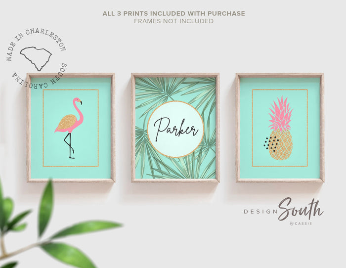 Teal pink and gold art, teal nursery prints, teal flamingo decor, pink teal and gold girls decor, pink aqua flamingo nursery personalized