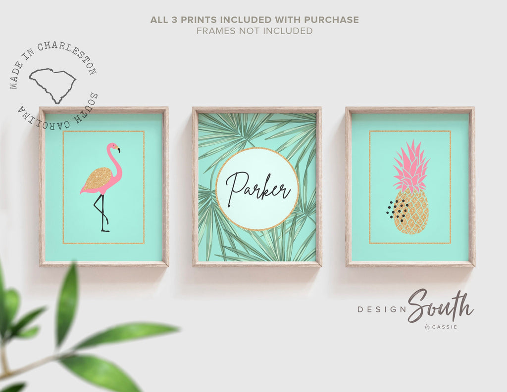 Teal pink and gold art, teal nursery prints, teal flamingo decor, pink teal and gold girls decor, pink aqua flamingo nursery personalized