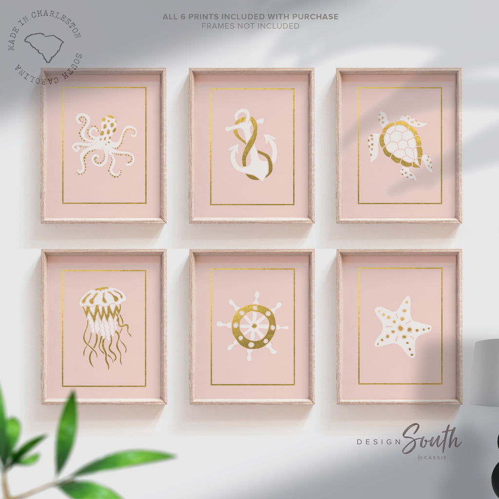 Girls nautical nursery decor, ship wheel octopus and anchor, nautical bedroom print for girls, pink nautical playroom art, pink octopus art