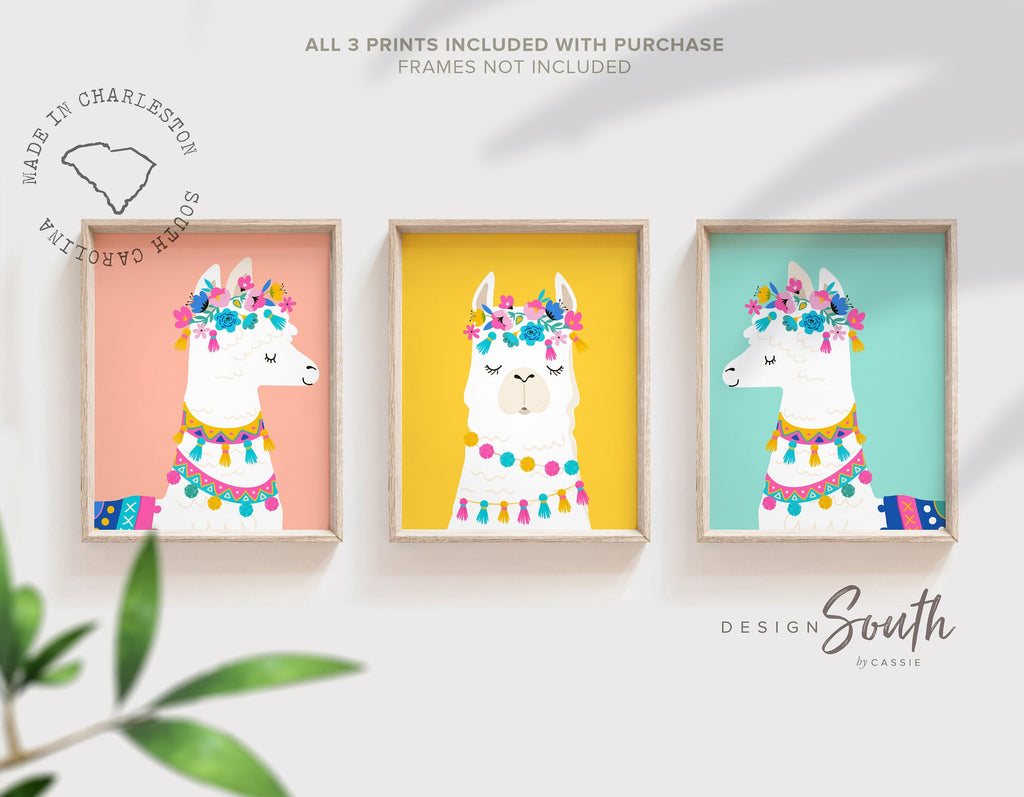 Pastel nursery wall art, llama nursery, alpaca nursery, succulent nursery decor, playroom art, baby girl cactus nursery art, coral mint gift