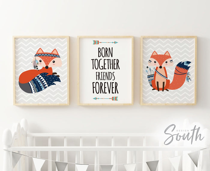 Born together friends forever twin nursery quote, nursery quote twins art, twin nursery decor, twin nursery art, twins woodland, fox theme