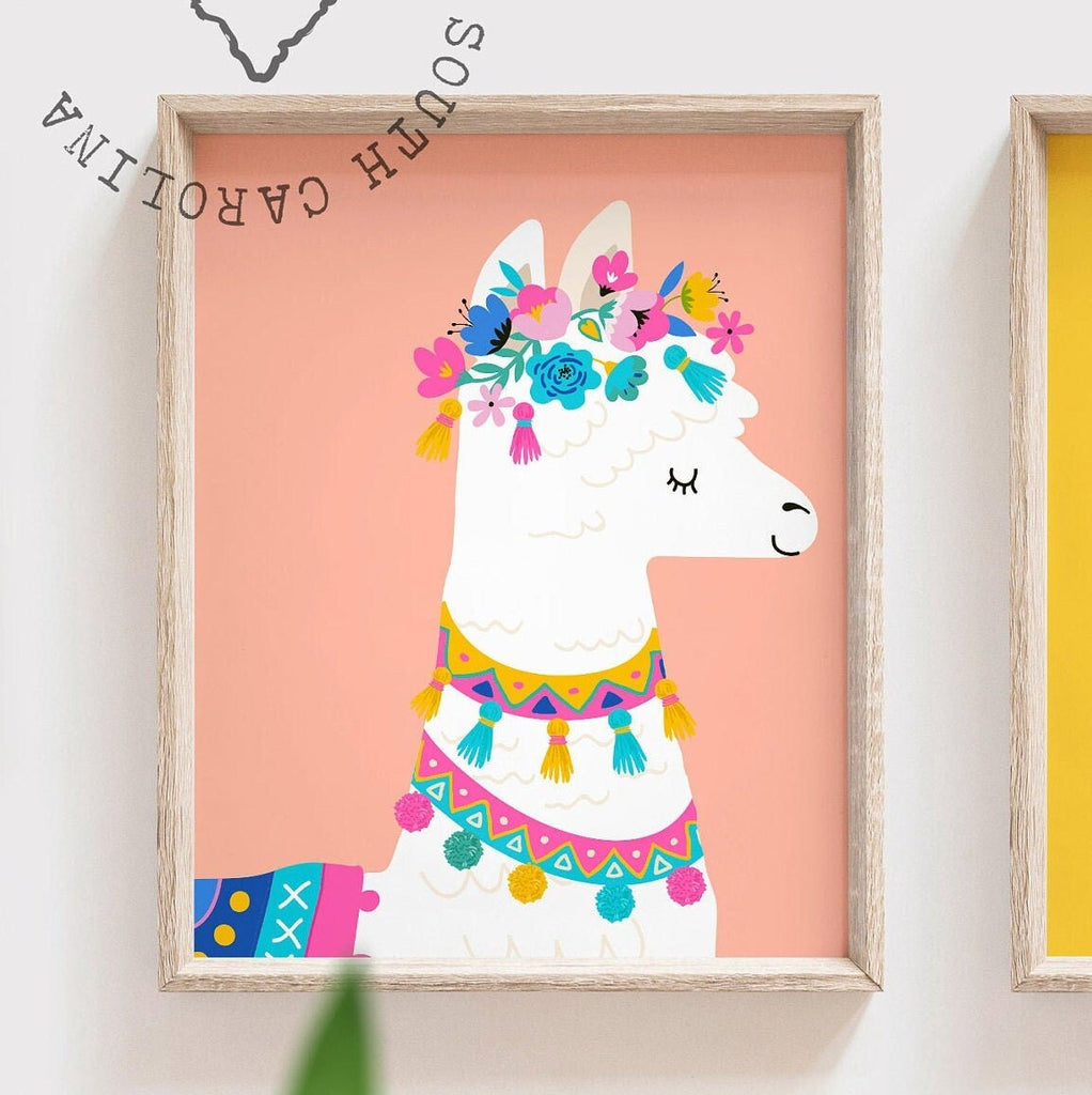 Pastel nursery wall art, llama nursery, alpaca nursery, succulent nursery decor, playroom art, baby girl cactus nursery art, coral mint gift