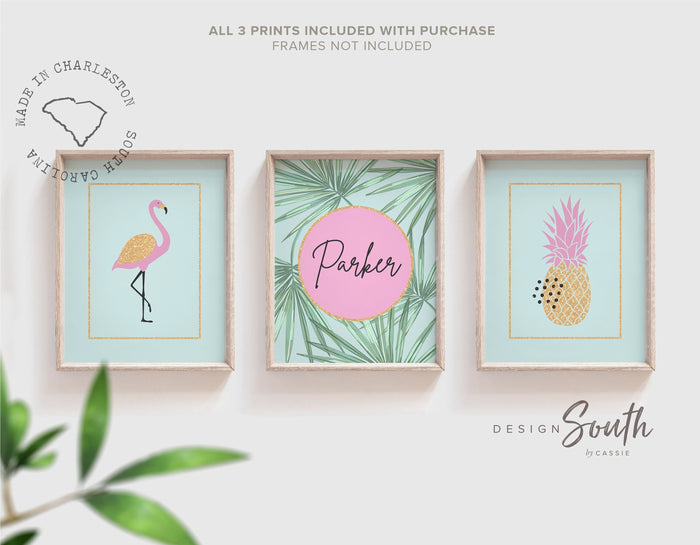Nursery prints flamingo decor, pink aqua and gold girls decor, flamingo tropical art set, pink aqua flamingo nursery, personalized nursery