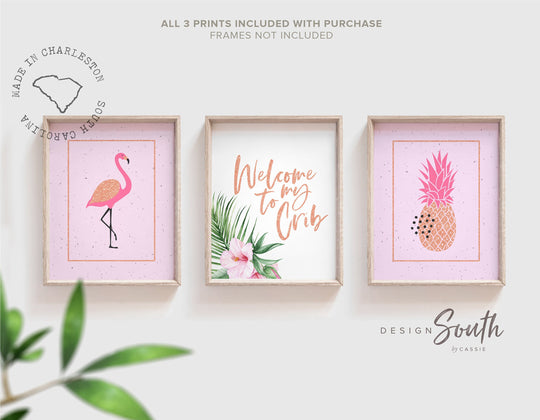Girl nursery decor, tropical animal theme, gold and pink flamingo tropical nursery, girl nursery design, flamingo decor, pineapple art gold
