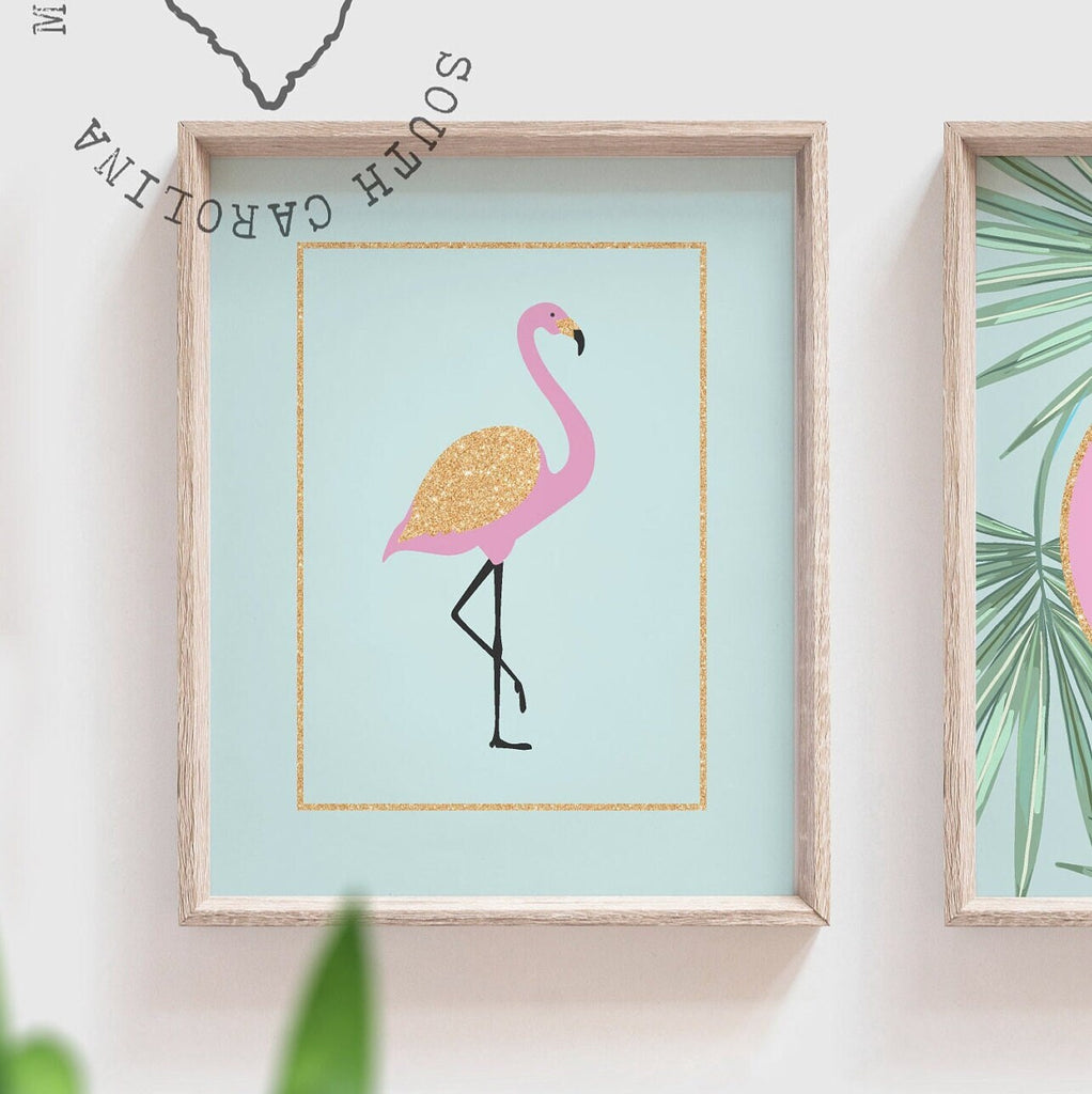 Nursery prints flamingo decor, pink aqua and gold girls decor, flamingo tropical art set, pink aqua flamingo nursery, personalized nursery