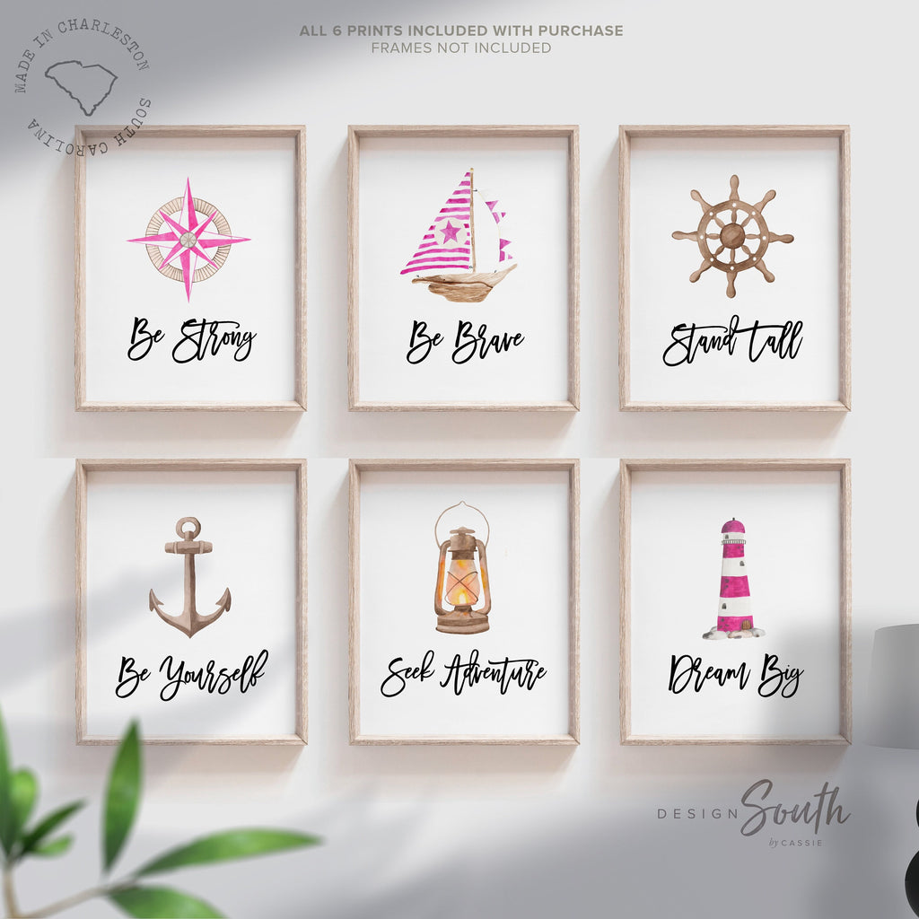 Nautical girl room art, anchor ship wheel sailboat collection nautical wall prints, nautical nursery art, ocean theme wall art, sea baby art