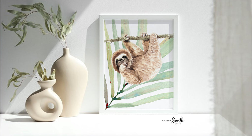 Sloth decor, tropical sloth baby shower, sloth wall art prints for baby, sloth birthday party gift, sloth decorations baby crib, sloth print
