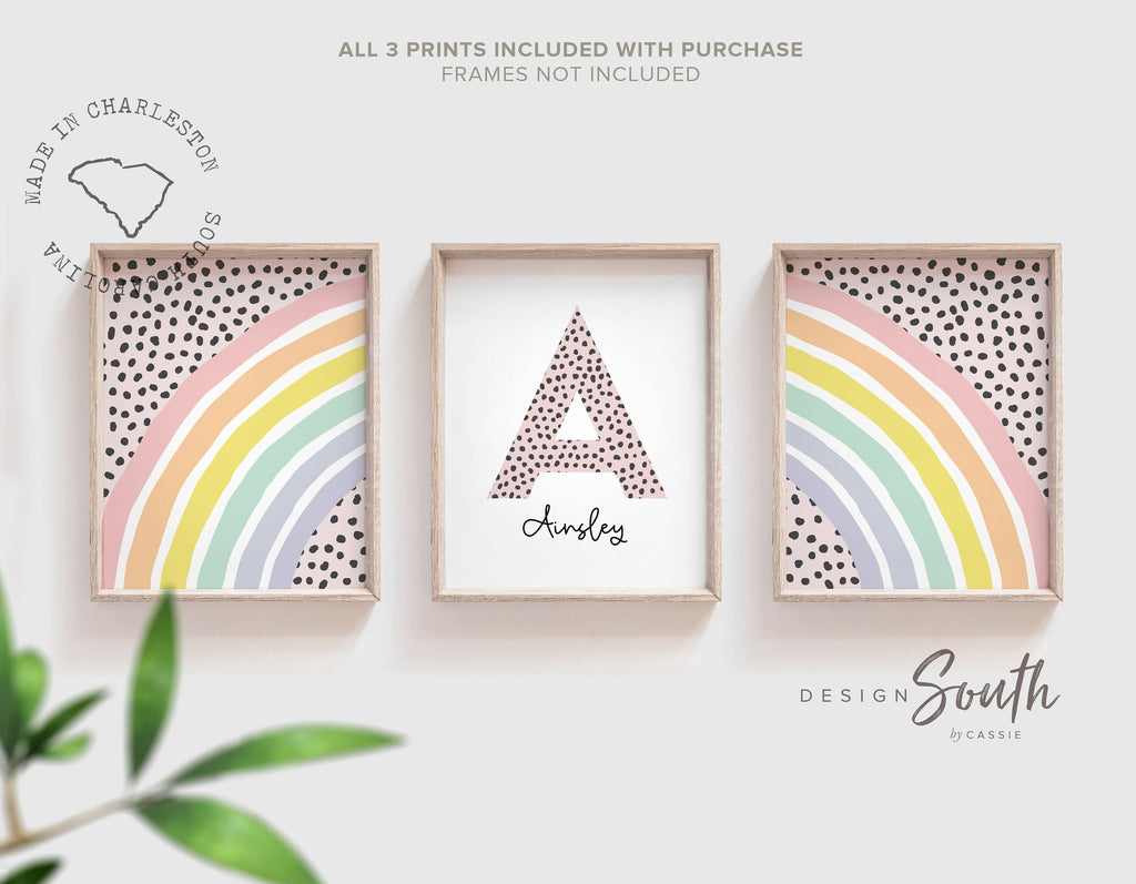 Rainbow nursery monogram art print, baby girl monogram nursery wall art, custom nursery wall art, rainbow monogram letter, polka dots kids