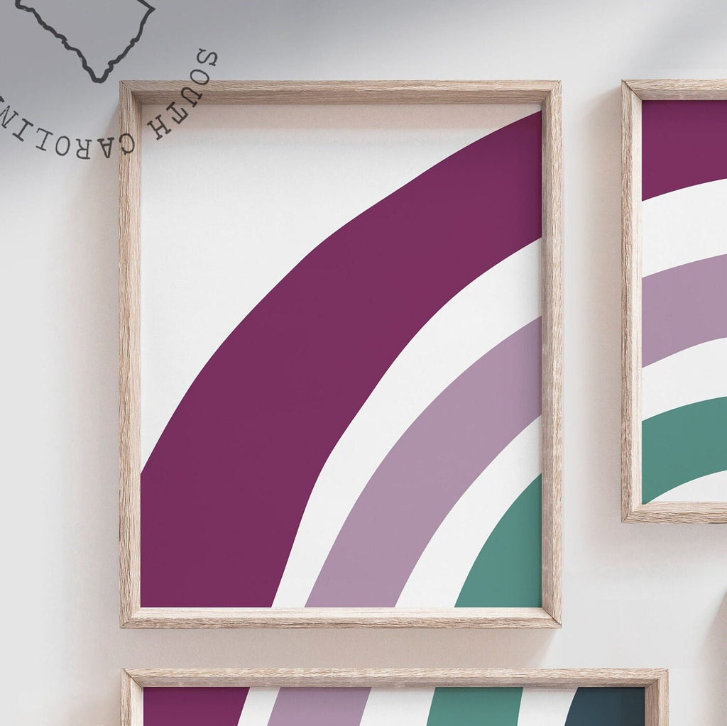 Modern purple green nursery art, baby girl room purple & green colors, girl bedroom purple shade rainbow, trendy nursery moody color rainbow