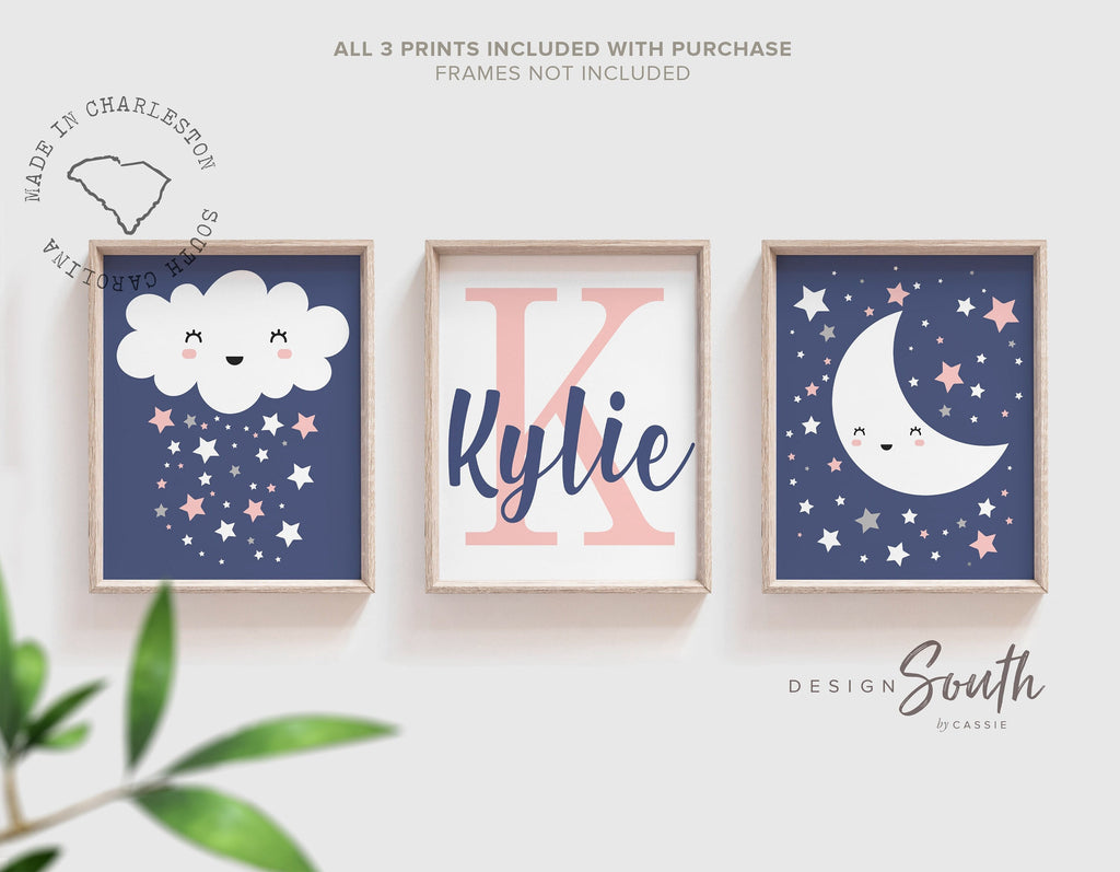 Girls pink and navy nursery, pink navy nursery monogram, navy blue monogram girl, moon and stars nursery, cloud nursery decor, cloud decor