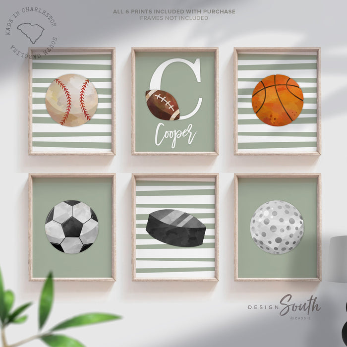 Green sports collection print set boys name, sports theme wall, sports art personalized gift, light green baseball football kid wall art boy