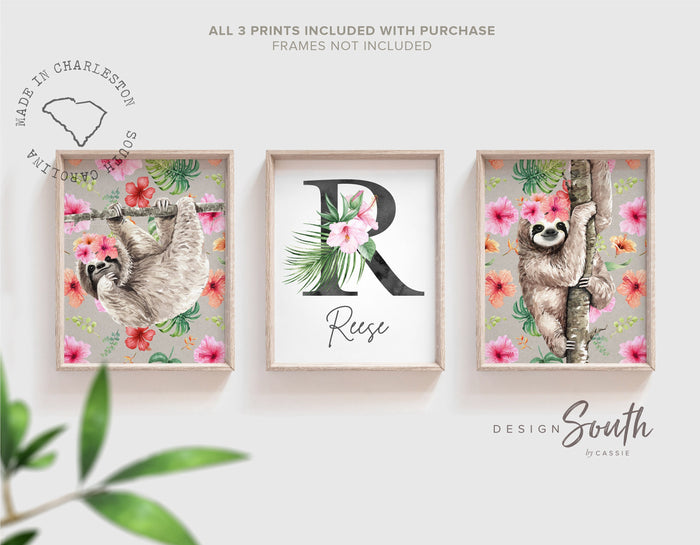 Sloth decor for nursery or bedroom, sloth themed baby shower gift girl, little girl bedroom wall ideas, sloth wall art print set, sloth pink