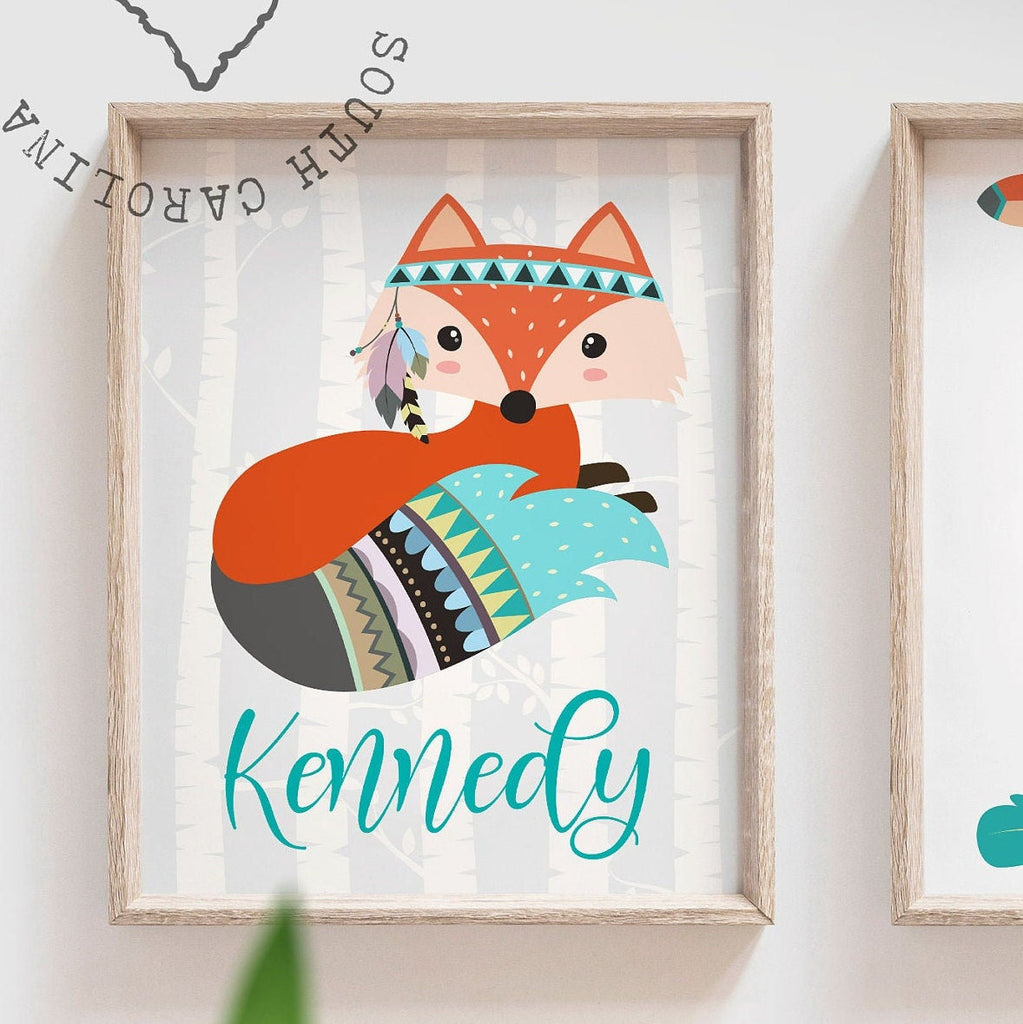 Playroom art, gender neutral woodland animal fox, kids fox theme gray neutral, kids room shared boy girl, braver stronger smarter wall quote