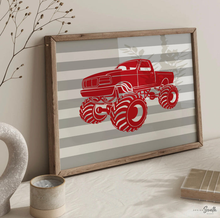 Big boy bedroom red big truck themed wall art, red monster truck, toddler dream big little man, kids truck boy art, red and gray truck theme