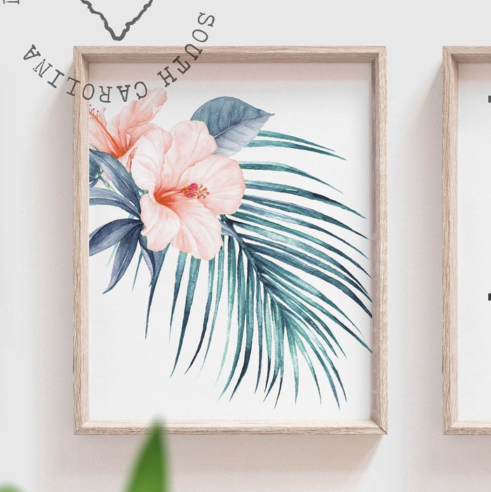 Coral and teal nursery art, tropical theme baby gift, elephant nursery decor for girl, bedroom wall art personalized name, tropical leaf art