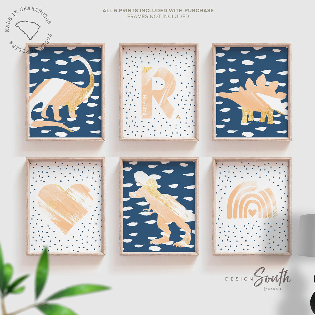 Peach gold watercolor dinosaur art, little girl dinosaur collection with gold sparkles, girl dinosaur lover peach gold blue, girl dino room