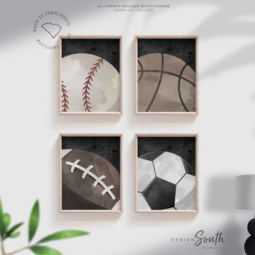 Set of 4 sports balls gray wall prints, sports baby nursery little boy's bedroom, all sports room ideas, toddler sports art, sports themed