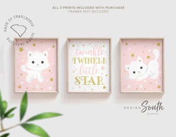 Cat themed, kitten art print set of 3, animal nursery pink gold, baby girl cute cat wall art, cat lover, kitten nursery, sweet kitty nursery