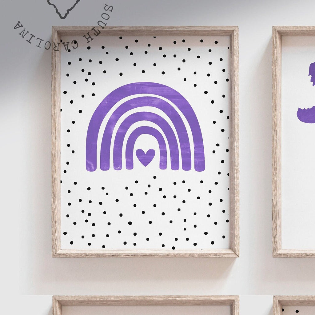 Girl dinosaurs hearts rainbows, girl purple dinosaur themed nursery, girl dinosaur bedroom wall art, purple dinosaur, 6 girly dinosaur print