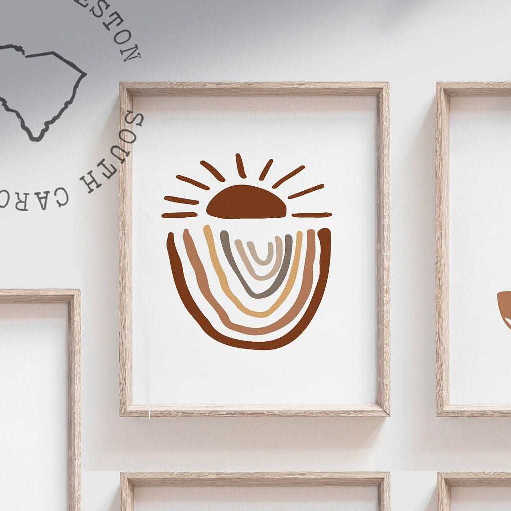 Boho wall art prints, boho gallery wall, boho prints set of six modern mid century, terracotta teal mustard desert wall prints, boho kid art