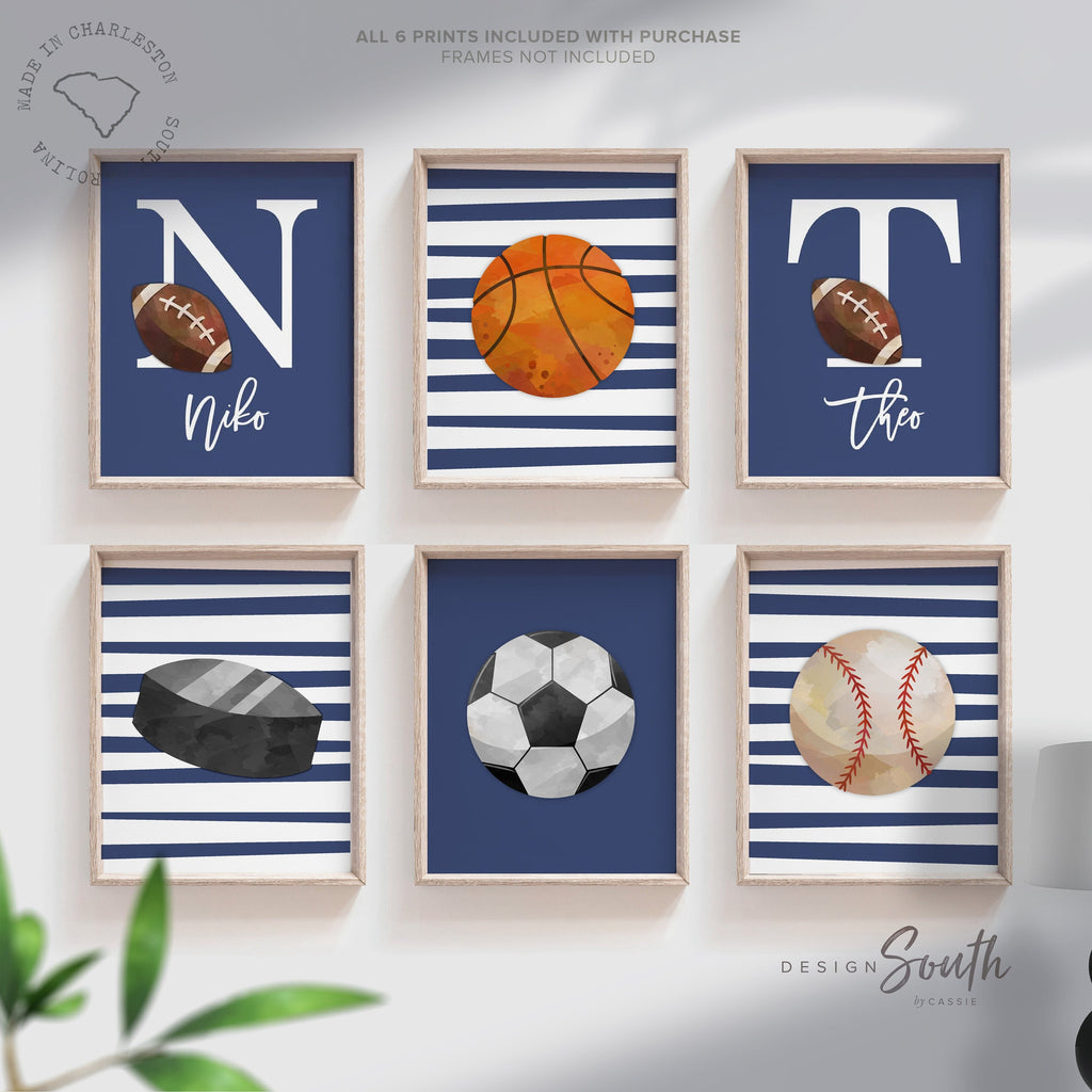 Blue sports decor siblings boys room, sports decor gift siblings, basketball soccer sports theme brothers, sports themed playroom wall art