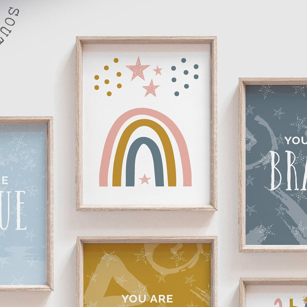 Little girl bedroom decor, girl dinosaur theme, pink and blue toddler room, alphabet print set for playroom or bedroom, inspiring art prints