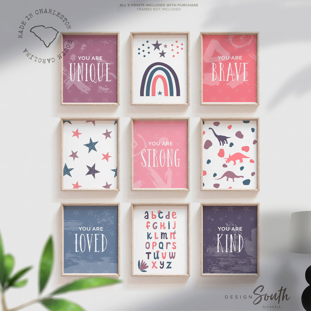 Girls bedroom nursery playroom wall decor, pink purple wall print art set for girls, wall art for girls room, happy inspirational prints