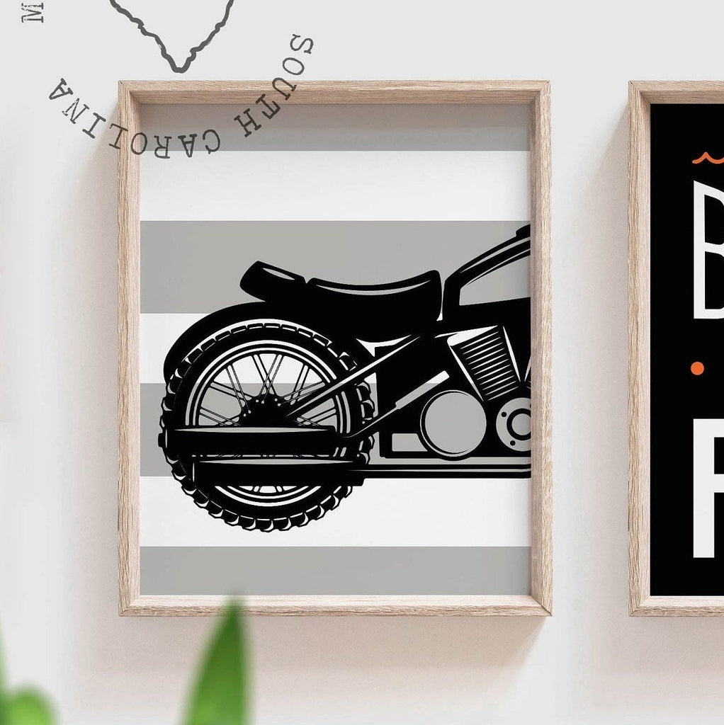 Motorcycle theme gift for boy, motorcycle art print birthday gift, black orange gray motorcycle toddler decor, wall art for big boy bathroom