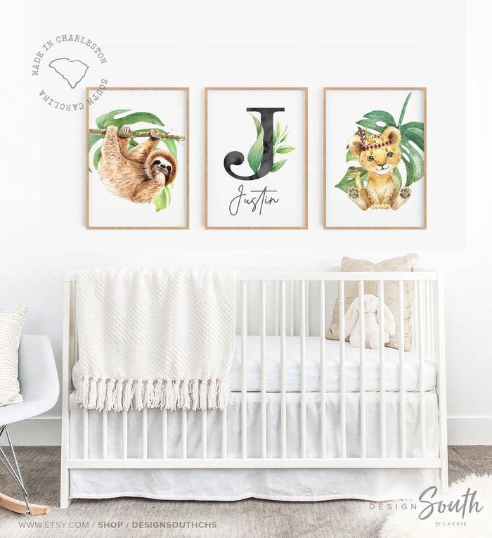 Sloth bedroom wall pictures, nursery decor tropical gender neutral, kid room animals palm leaves, monogram personalized name decor, kid gift
