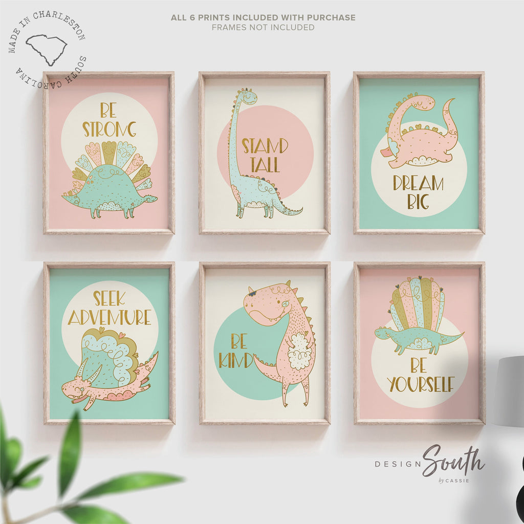 Pink mint dinosaur art, dinosaur wall pastel color, cute girl dinosaur themed room, pastel pink child dinosaur art, girl dinosaur party gift