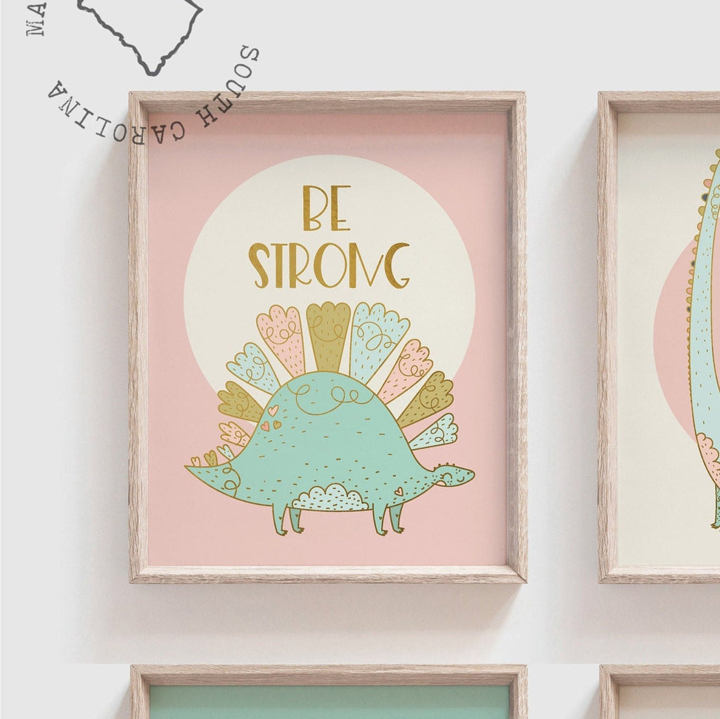 Pink mint dinosaur art, dinosaur wall pastel color, cute girl dinosaur themed room, pastel pink child dinosaur art, girl dinosaur party gift