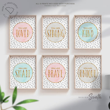 Little girl room art, pastel marble gold sparkles girl wall art, print set for toddler girl room inspirational, set of 6 pastel room prints