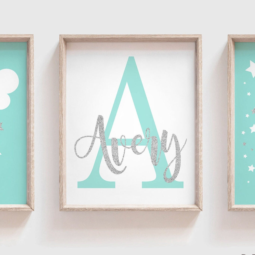 Silver gray nursery art, gender neutral, gray and teal, moon and stars, nursery baby star art, baby star decor monogram print boy or girl